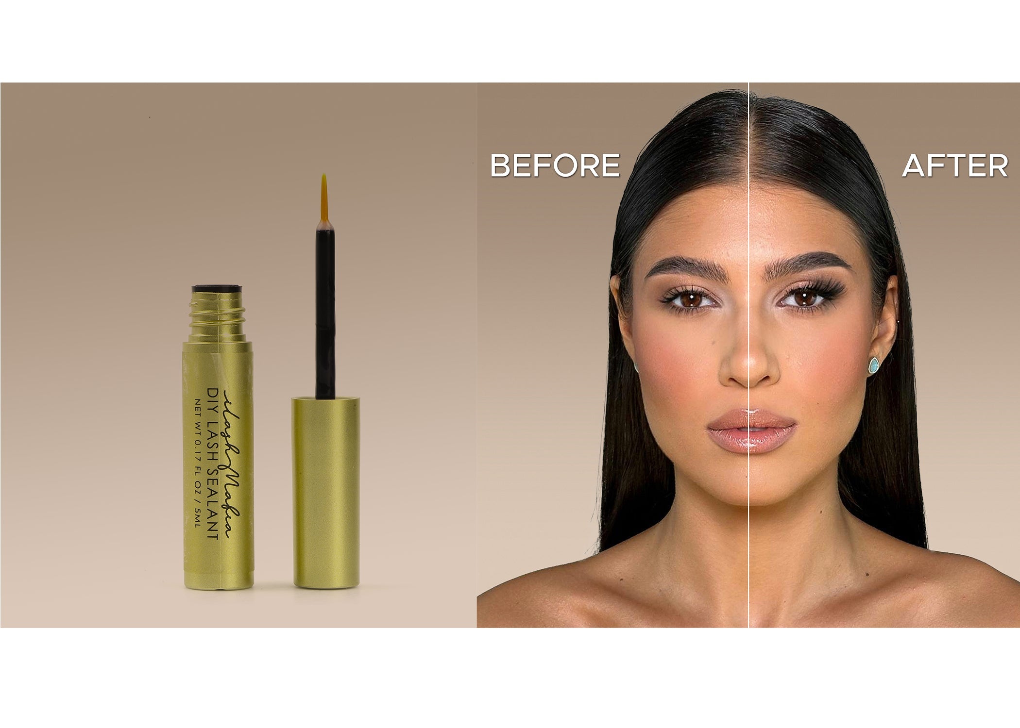alt="DIY lash sealant before and after results on model with full glam lashes"