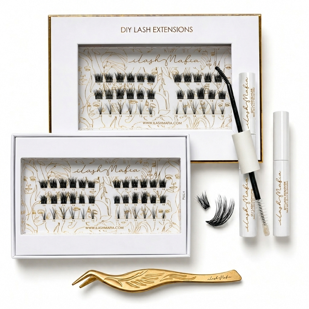 iLash Mafia DIY Lash Kit featuring a doll eye lash style with fluffy wispy lashes, soft volume clusters, and a bright open-eye effect for a fuller, lifted look.