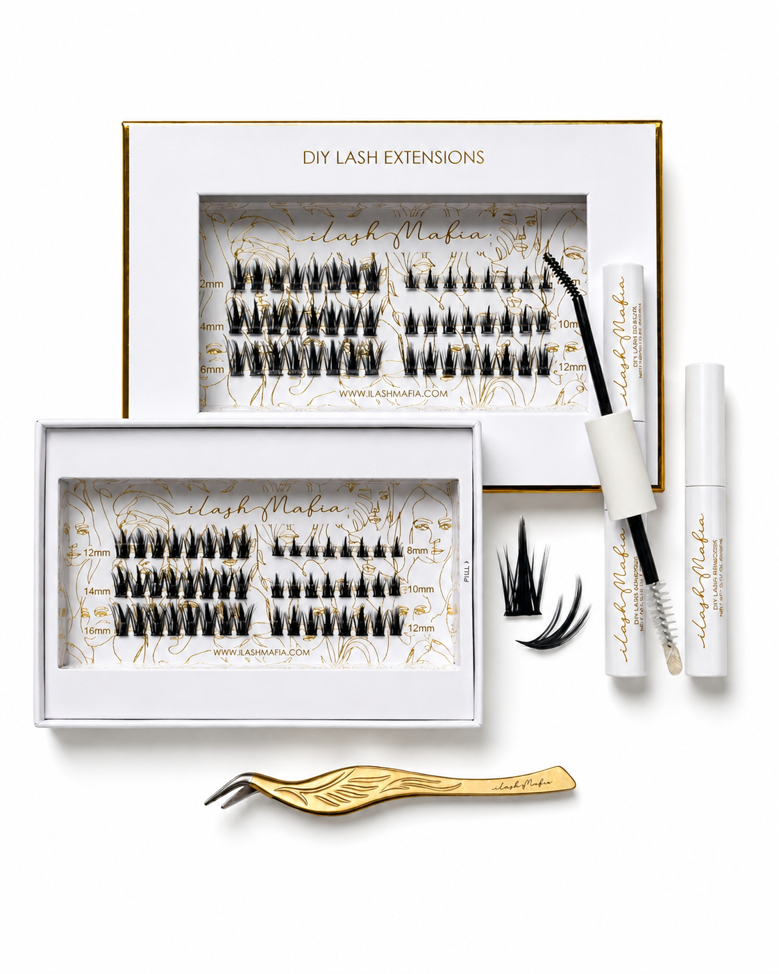 ilash Mafia DIY lash extension kit with wispy lash clusters, perfect for creating natural, wispy, salon-style lashes at home.