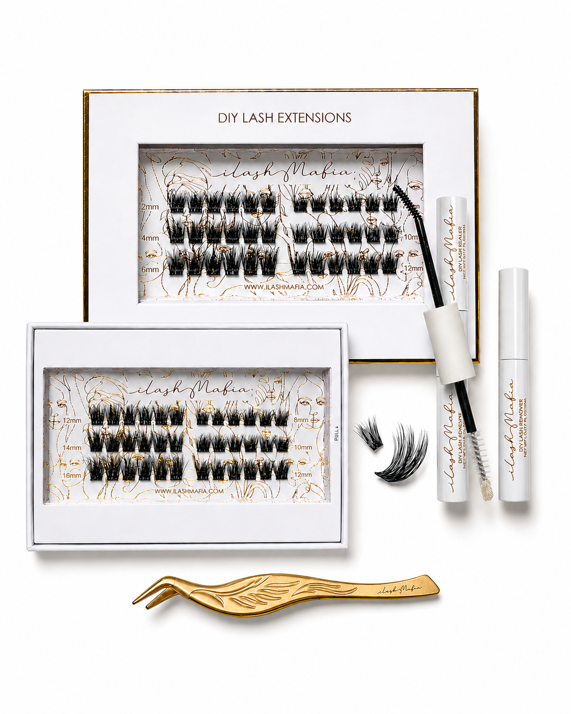 Close-up of ilash Mafia DIY Lash Kit with fluffy curly lashes designed for easy at-home application and soft, wispy volume.