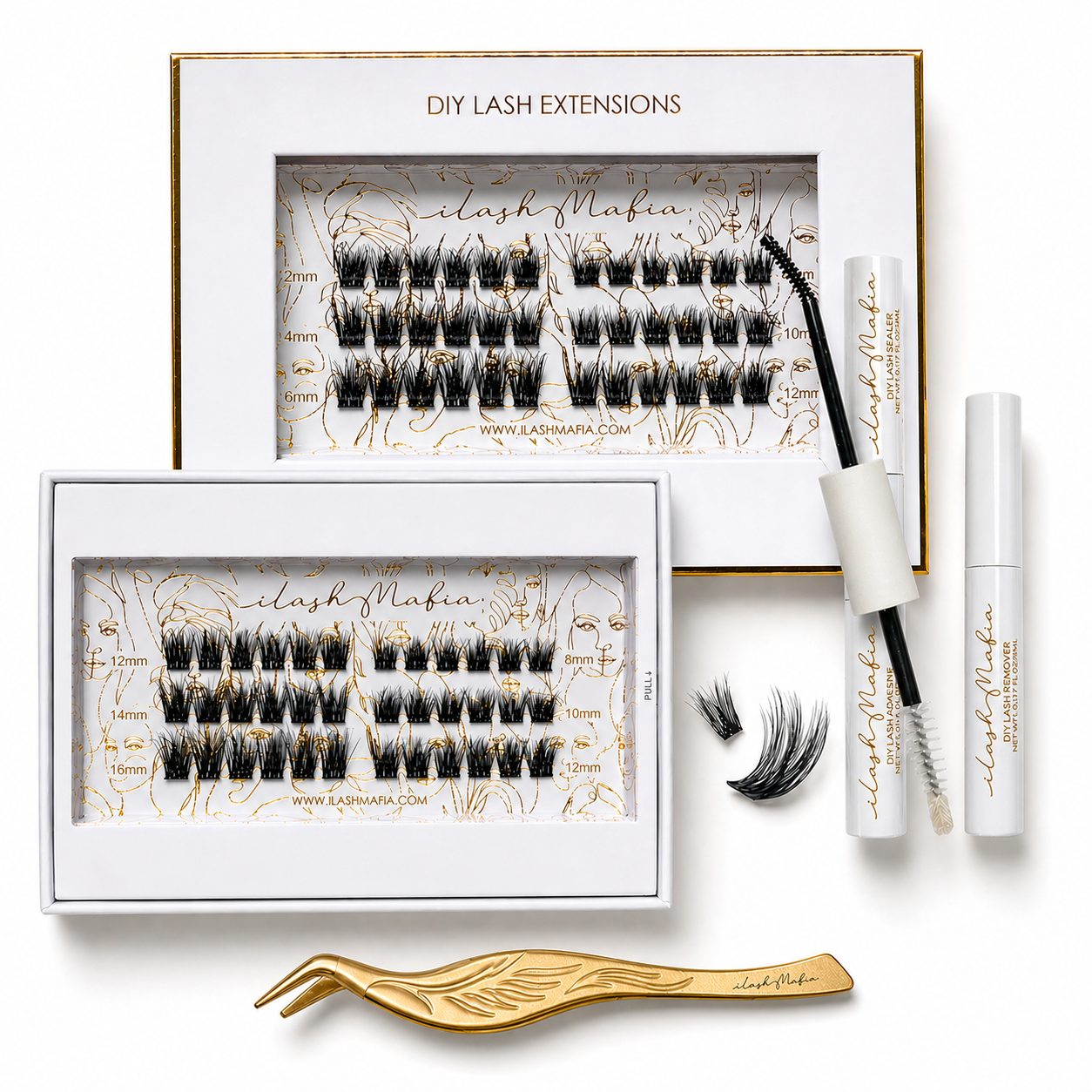 Close-up of ilash Mafia DIY Lash Kit with fluffy curly lashes designed for easy at-home application and soft, wispy volume.