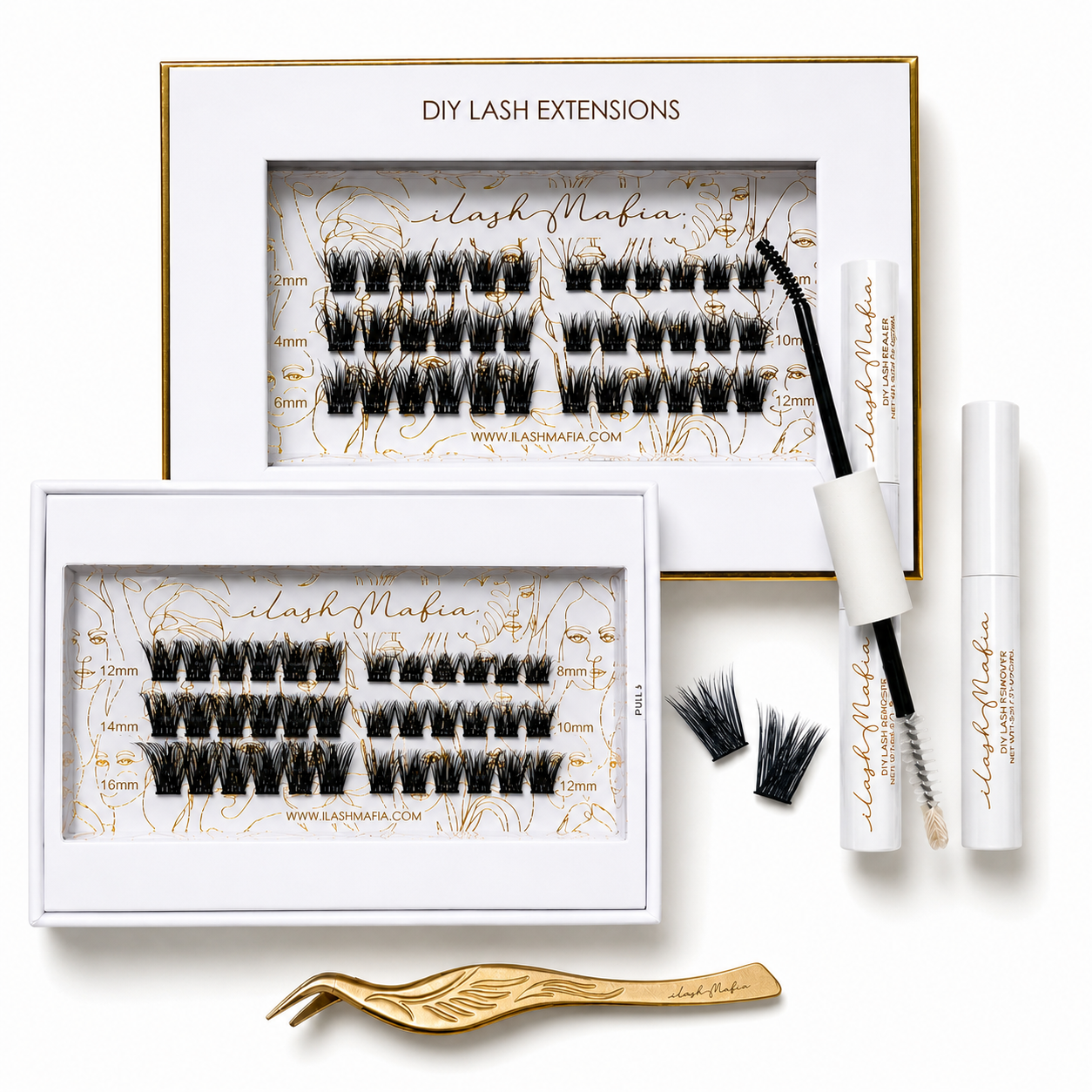 iLash Mafia DIY Lash Kit featuring dramatic full-style lash clusters, bond and seal adhesive, applicator tweezers, lash remover, and complete at-home lash extension tools for creating bold, fluffy lash looks.