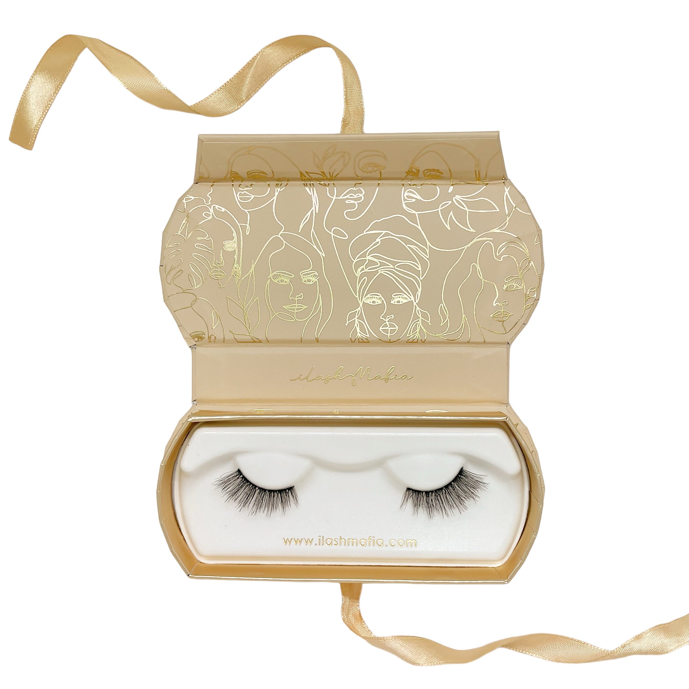 glam lashes, ilash mafia, beige and gold packaging, false lashes, falsies, plant base, vegan lashes, short band lashes