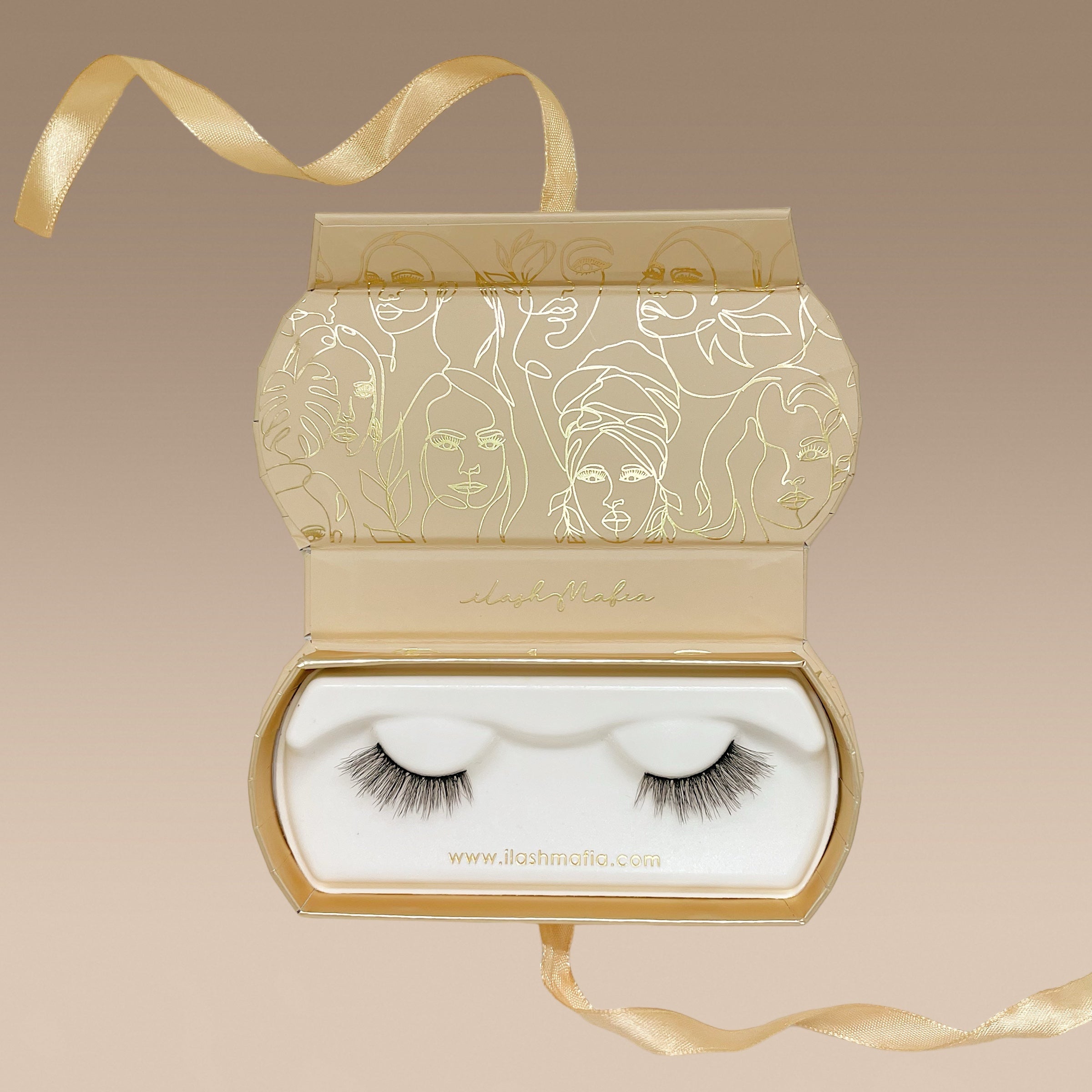 glam lashes, ilash mafia, beige and gold packaging, false lashes, falsies, plant base, vegan lashes, short band lashes