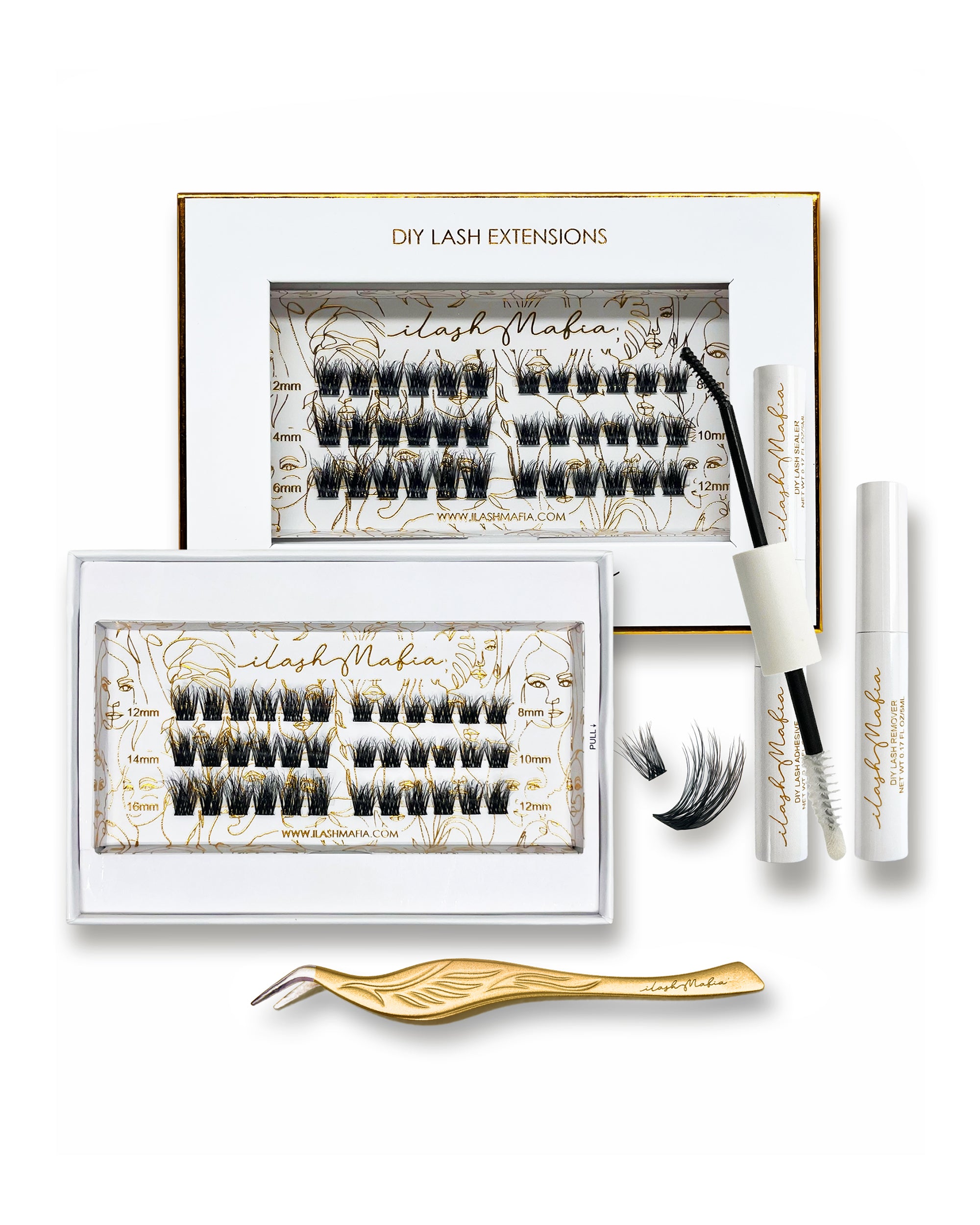 Close-up of ilash Mafia DIY Lash Kit with fluffy curly lashes designed for easy at-home application and soft, wispy volume.