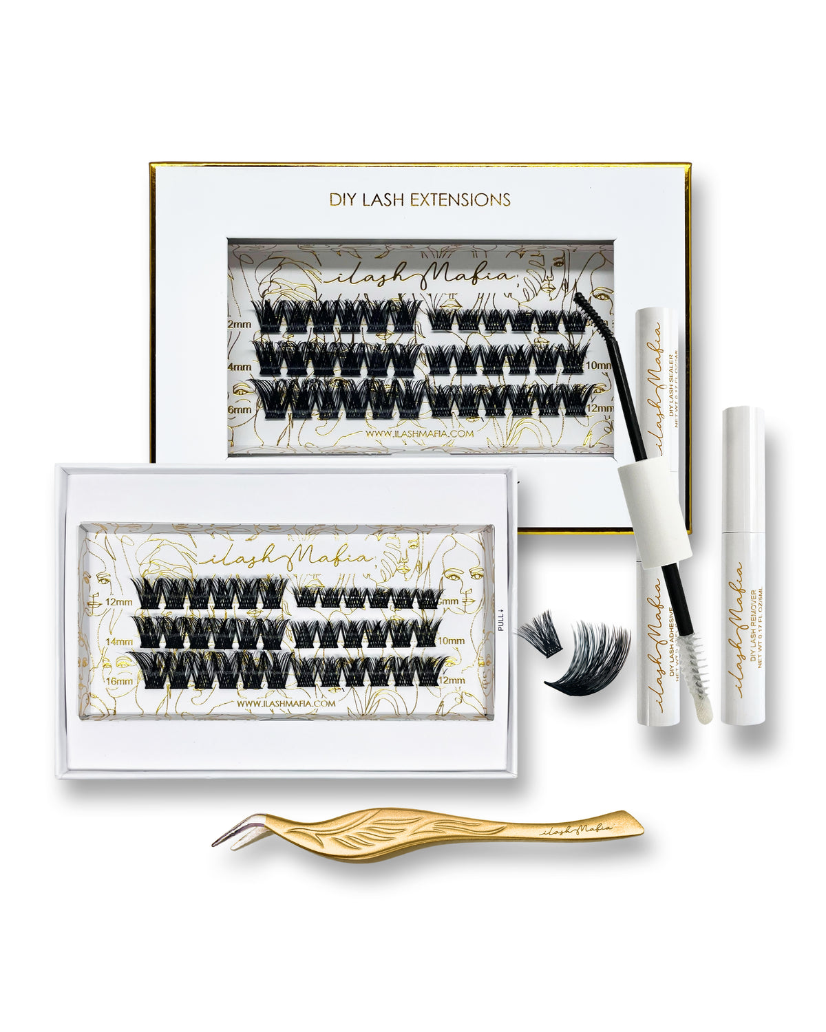 iLash Mafia DIY Lash Kit featuring dramatic full-style lash clusters, bond and seal adhesive, applicator tweezers, lash remover, and complete at-home lash extension tools for creating bold, fluffy lash looks.