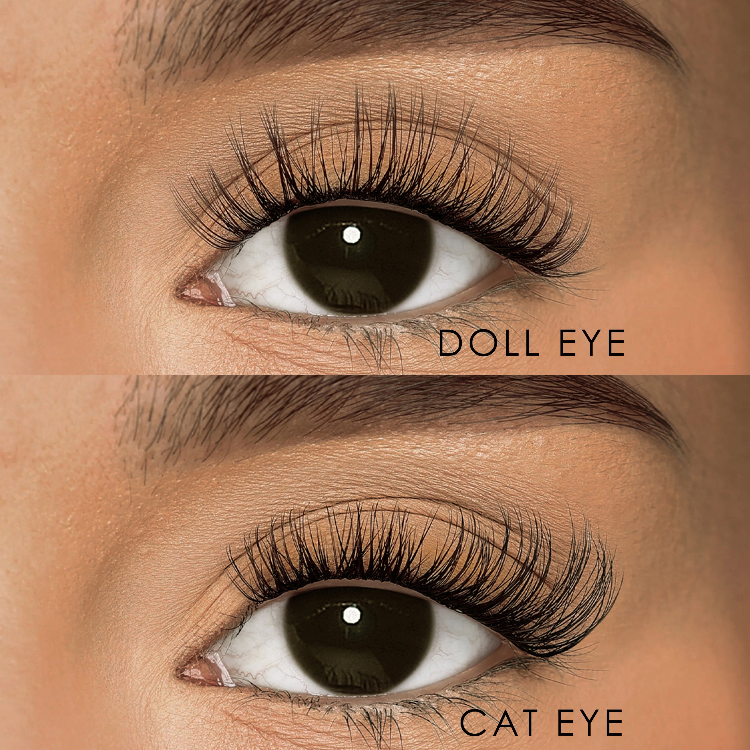iLash Mafia Bussin DIY lash extensions shown in Doll Eye and Cat Eye lash maps. Soft wispy volume lash clusters with airy texture, lightweight fullness, and customizable styling for natural-looking at-home lash extensions.