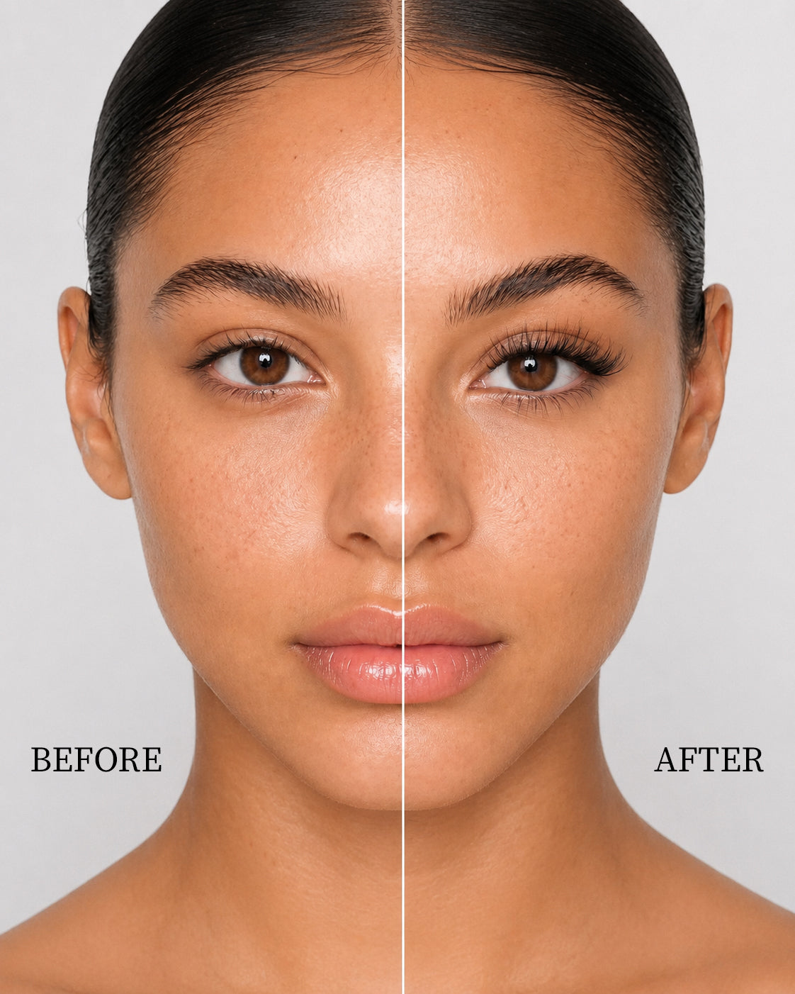ilash mafia Before and after split comparison showing a model's eye transform with doll eye DIY lash extensions, creating an open, eye-opening lift with length concentrated in the center.