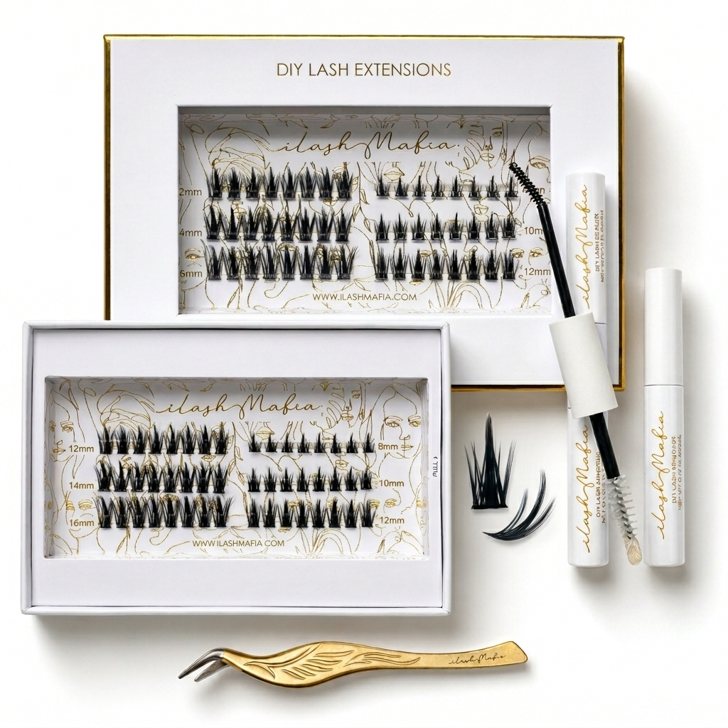 ilash Mafia DIY lash extension kit with wispy lash clusters, perfect for creating natural, wispy, salon-style lashes at home.