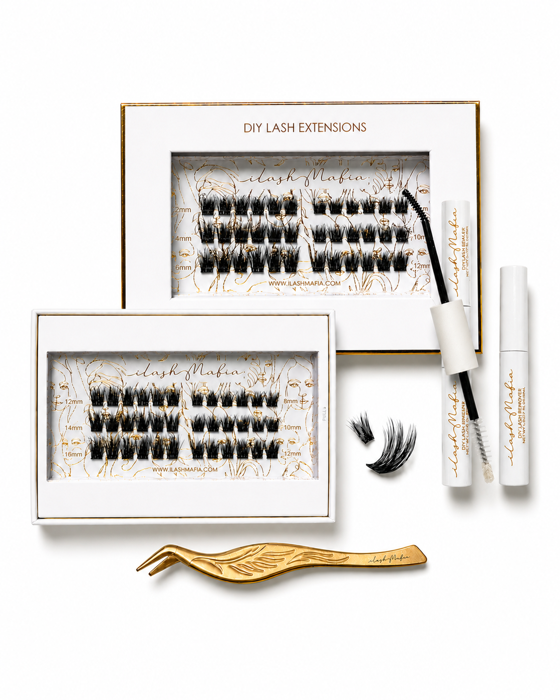 iLash Mafia Giving DIY lash extension kit with wispy lash clusters, bond, seal, and applicator for creating natural-looking salon-style lashes at home.