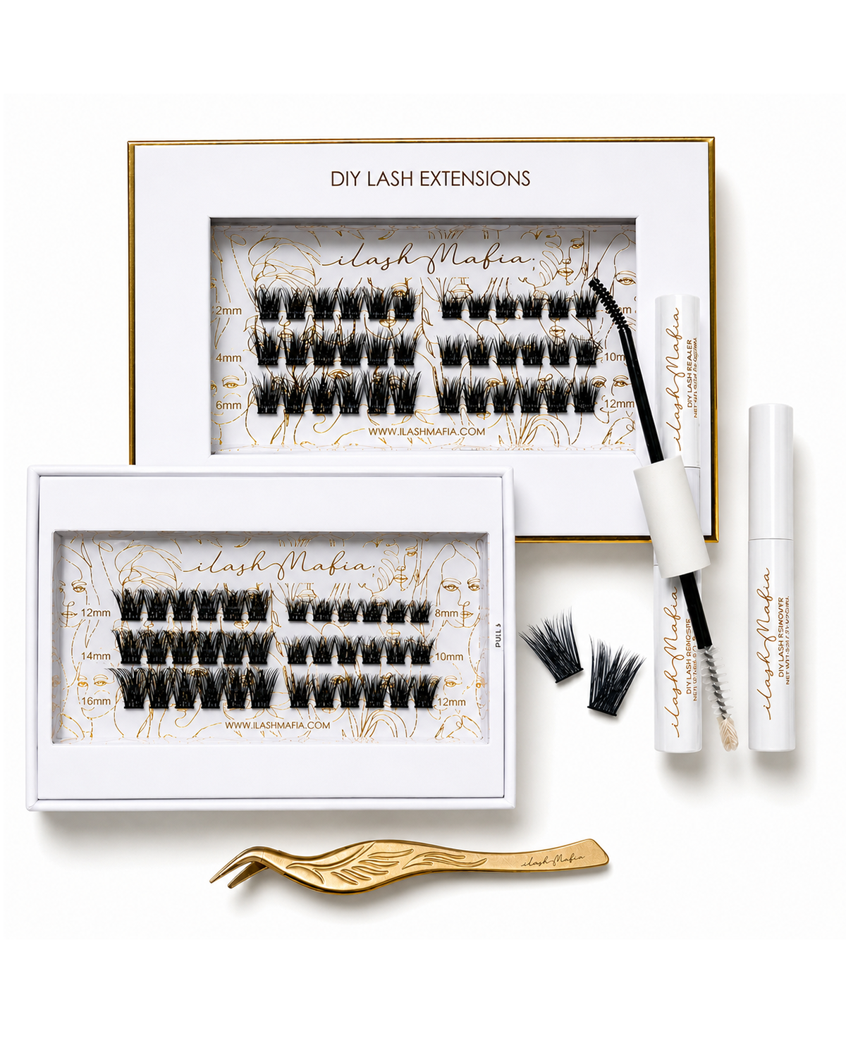 iLash Mafia DIY Lash Kit featuring dramatic full-style lash clusters, bond and seal adhesive, applicator tweezers, lash remover, and complete at-home lash extension tools for creating bold, fluffy lash looks.

