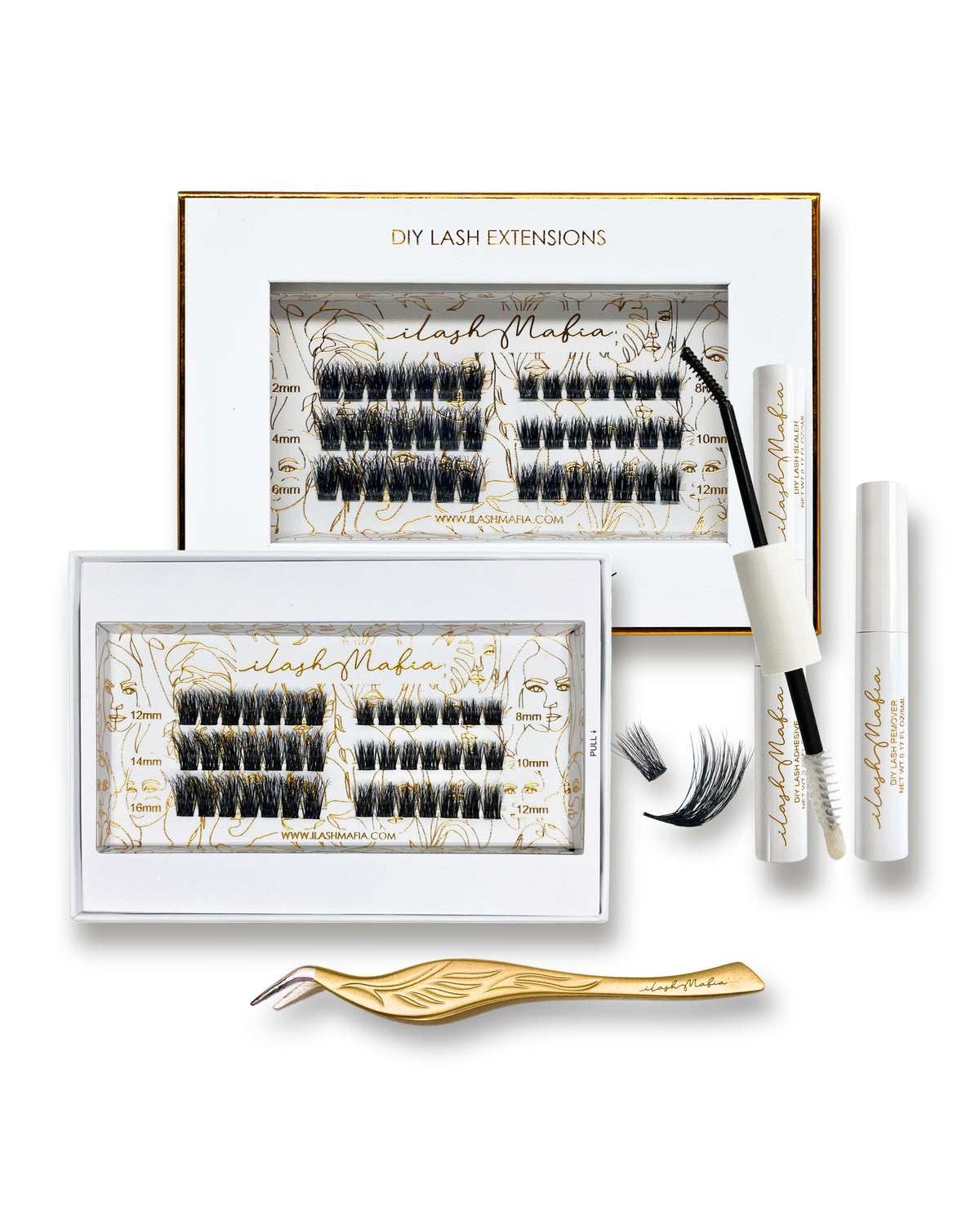 iLash Mafia Giving DIY lash extension kit with wispy lash clusters, bond, seal, and applicator for creating natural-looking salon-style lashes at home.