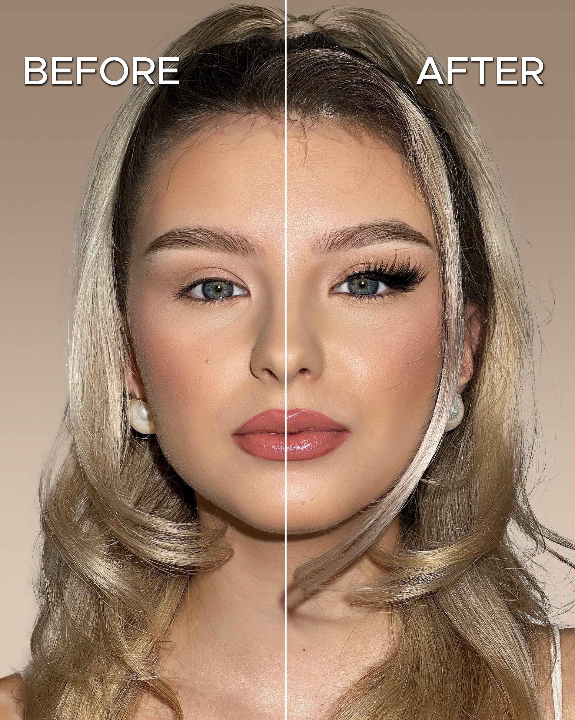 Before and after results of iLash Mafia GLOW UP DIY lash extensions featuring soft volume lash clusters, fluffy texture, natural-looking fullness, and a lifted eye-enhancing effect for at-home lash extension application.
