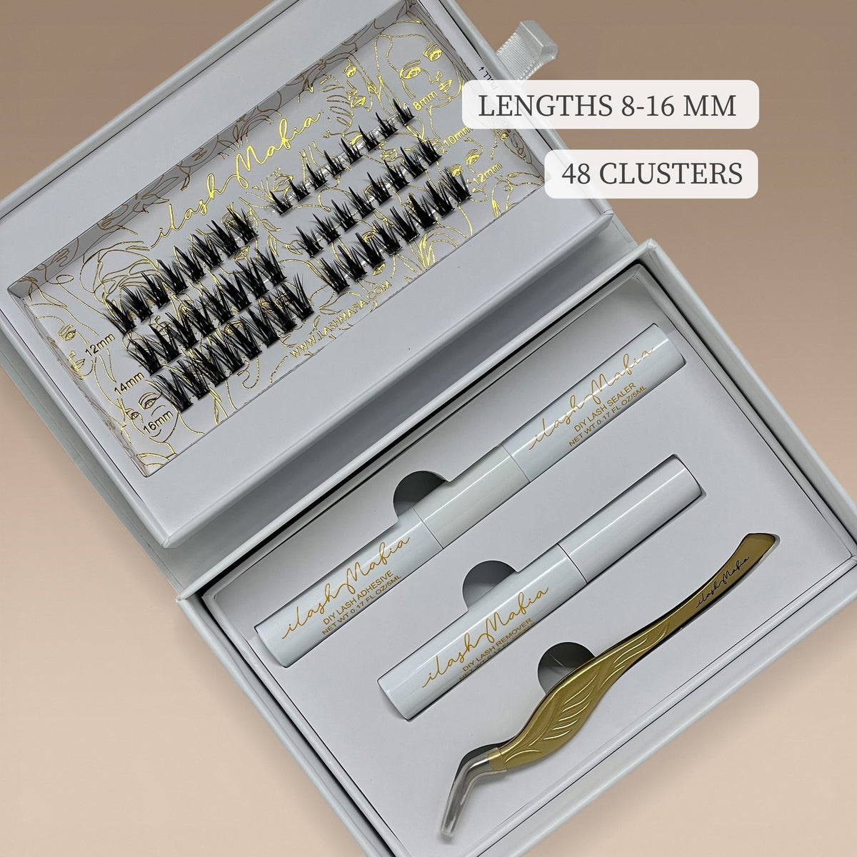 iLash Mafia Eye-Conic DIY lash extension kit with 48 spiky lash clusters in 8-16mm lengths, lash bond, lash sealer, lash remover, lash applicator