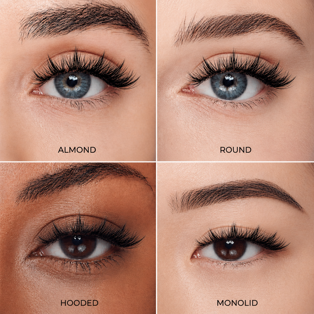 iLash Mafia DIY lash styles comparison chart showing lash cluster styles on monolid eyes, almond eyes, round eyes, and hooded eyes side by side to help choose the best DIY lashes for each eye shape.
