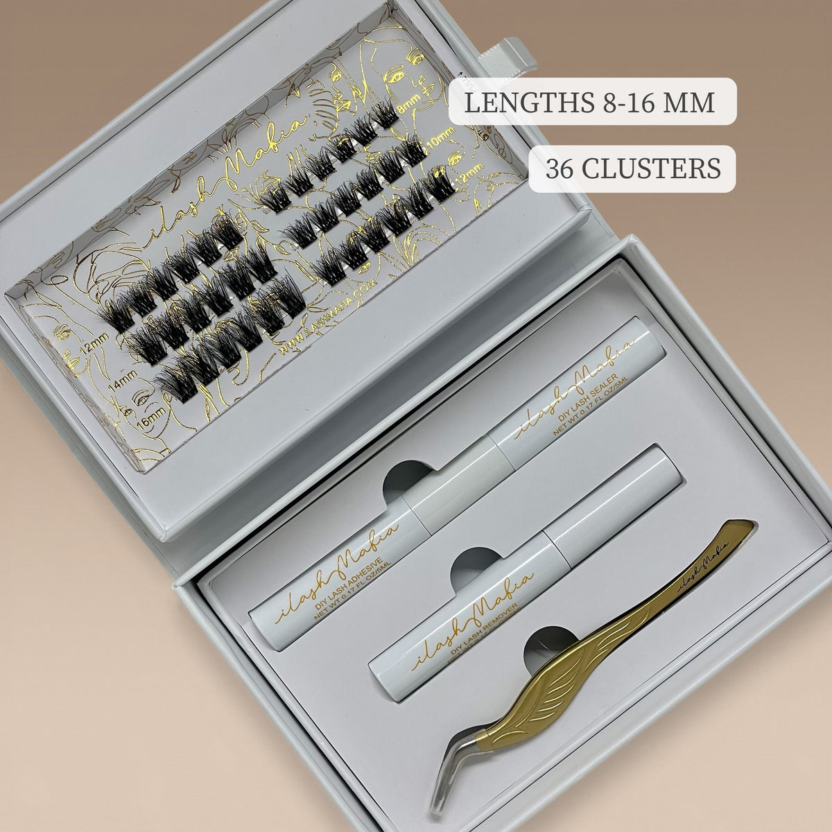 Luxury iLash Mafia DIY lash extension kit featuring soft wispy cluster lashes in 8mm–16mm lengths, DIY lash adhesive bond, lash sealer, lash remover, and gold application tweezers arranged inside a premium white magnetic gift box. Perfect for at-home lash extensions and reusable lash clusters