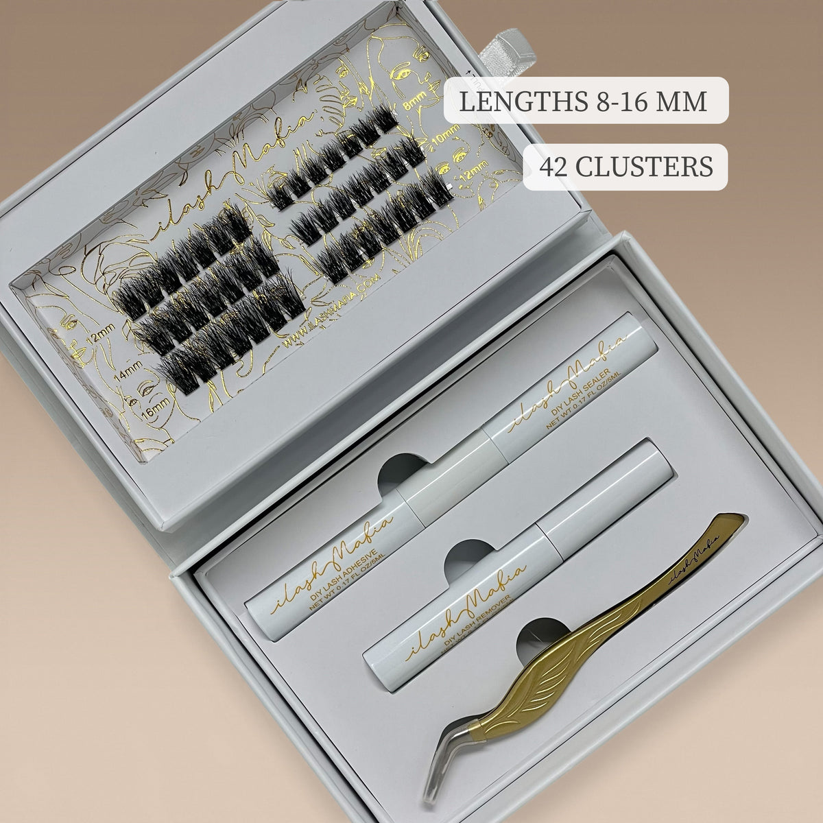 Open iLash Mafia Giving DIY lash extension kit featuring natural light-volume lash clusters, lash bond, sealant, remover, and applicator for at-home lash extensions.