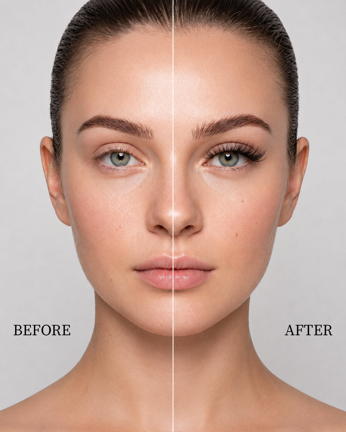 Before and after split comparison showing a model's eye transformation with Glow Up DIY lash extensions, adding soft volume and fluffy length.