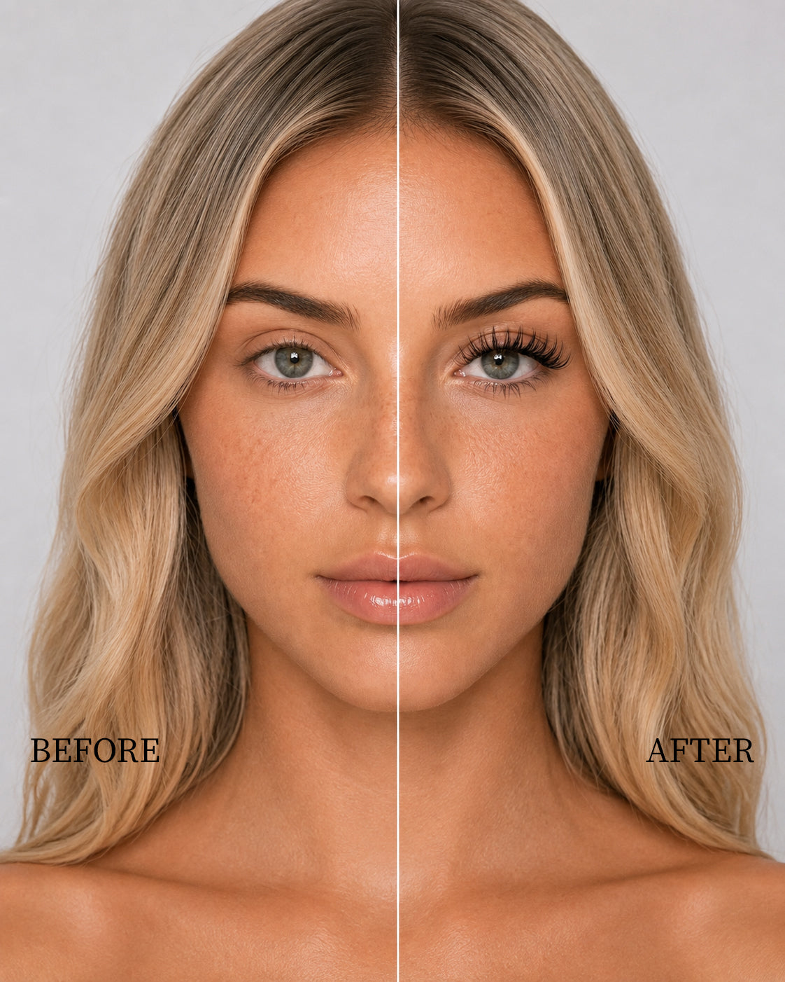 Before and after split comparison of a model showing the transformation with ilash mafia show off DIY lash extensions, adding wispy length and volume.