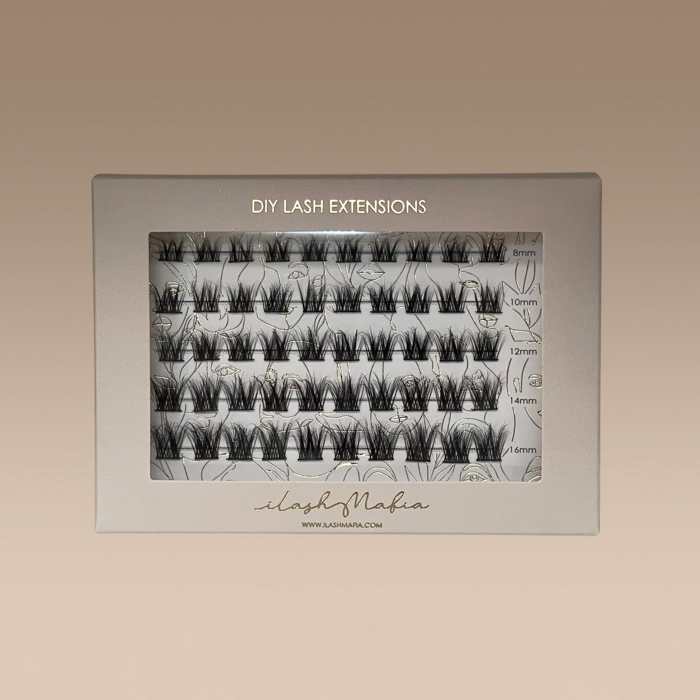 Front view of iLash Mafia Bestie DIY eyelash extensions featuring reusable lash clusters arranged by length in a self-application lash tray. The lightweight lash system includes customizable lash segments for creating natural volume, wispy lash styles, and personalized at-home lash extension looks.