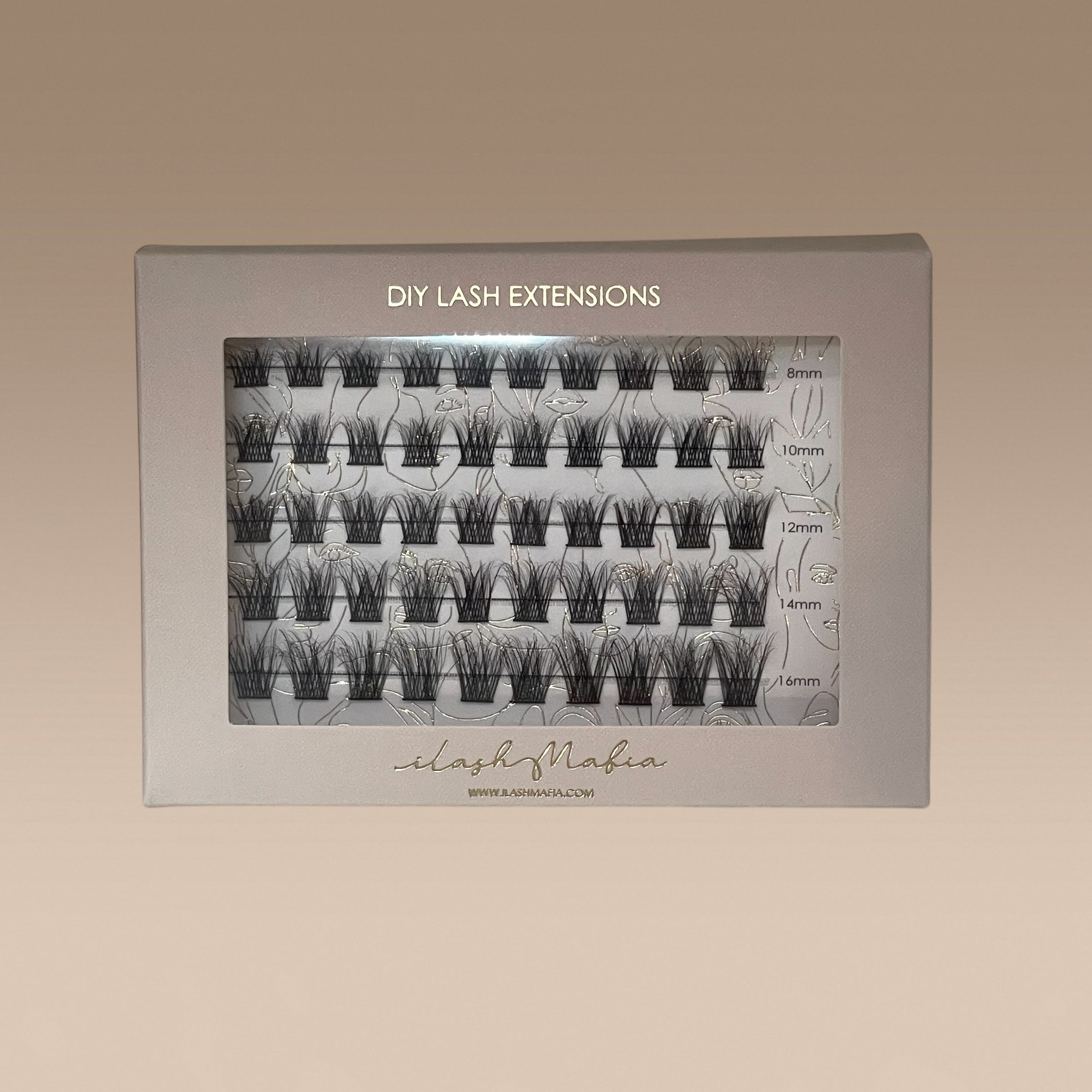 iLash Mafia BUSSIN DIY lash extension kit featuring soft volume lash clusters in multiple lengths for customizable Doll Eye and Cat Eye lash maps. At-home lash extension kit designed to create fluffy volume, eye-enhancing definition, and natural-looking fullness.