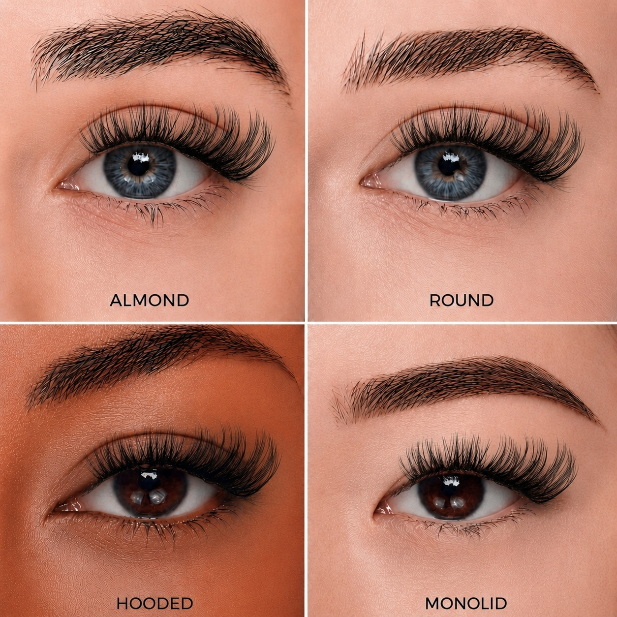 iLash Mafia Bussin DIY lash extensions displayed on almond, round, hooded, and monolid eye shapes. Soft wispy lash clusters with lightweight volume, fluffy texture, and a natural eye-enhancing effect for customizable at-home lash extension looks