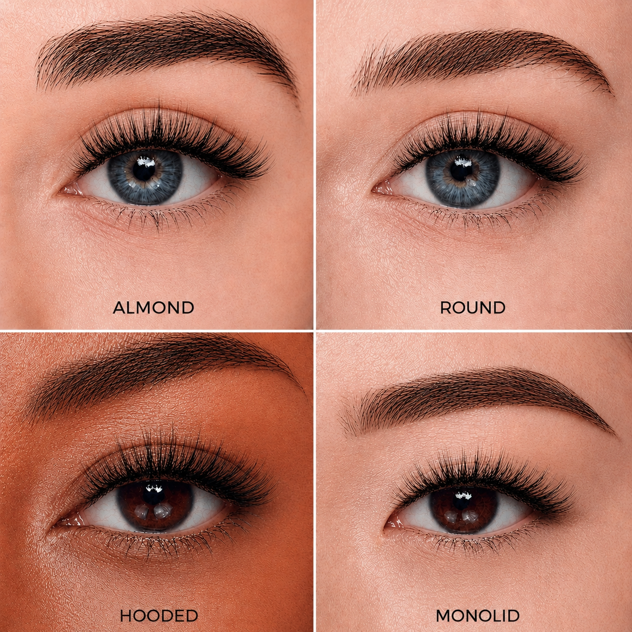 Comparison of the iLash Mafia Doll Eye DIY lash extension style on almond, round, hooded, and monolid eyes, showcasing a soft open-eye effect created with lightweight volume lash clusters
