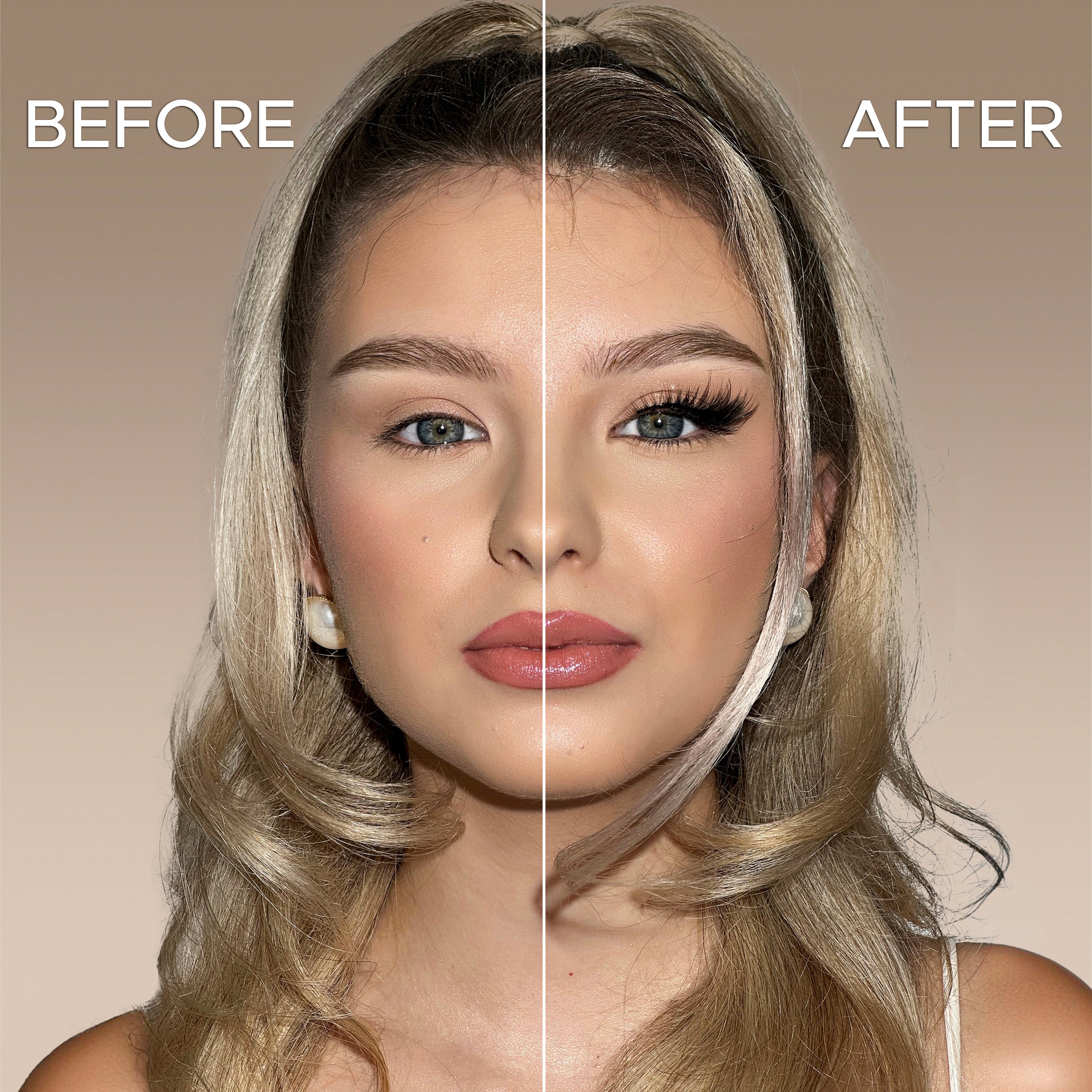 Before and after results of iLash Mafia GLOW UP DIY lash extensions featuring soft volume lash clusters, fluffy texture, natural-looking fullness, and a lifted eye-enhancing effect for at-home lash extension application.