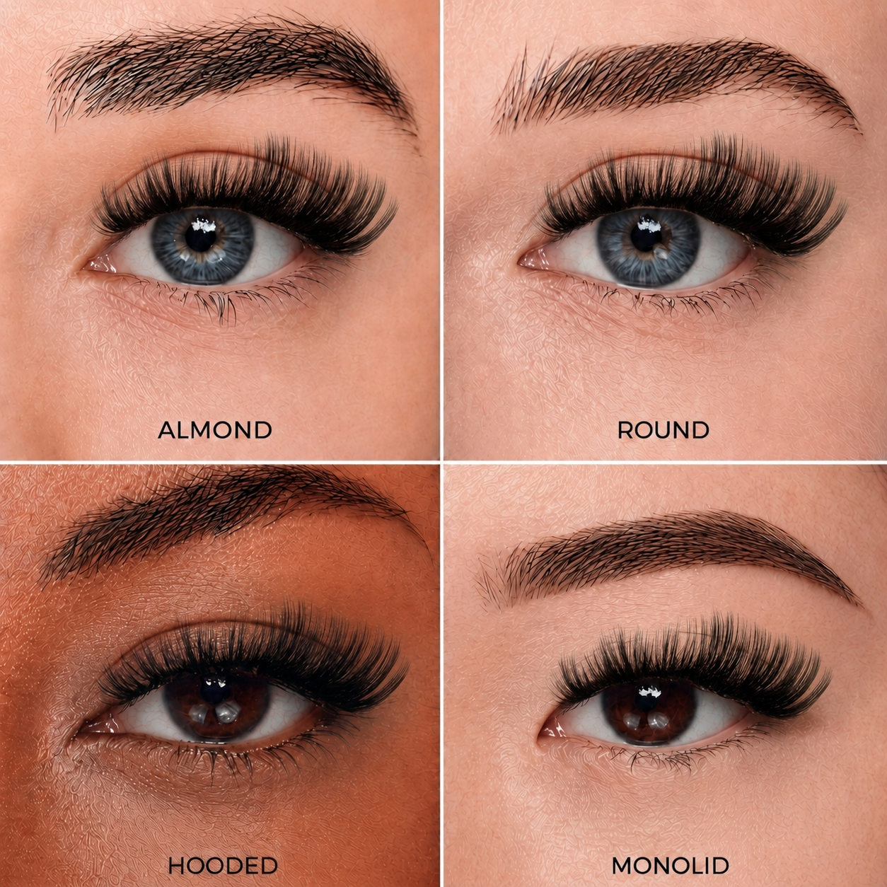 iLash Mafia Main Character DIY lash extension style shown on almond, round, hooded, and monolid eye shapes. Dramatic full-volume lash clusters with bold density, wispy texture, and a glamorous eye-opening effect