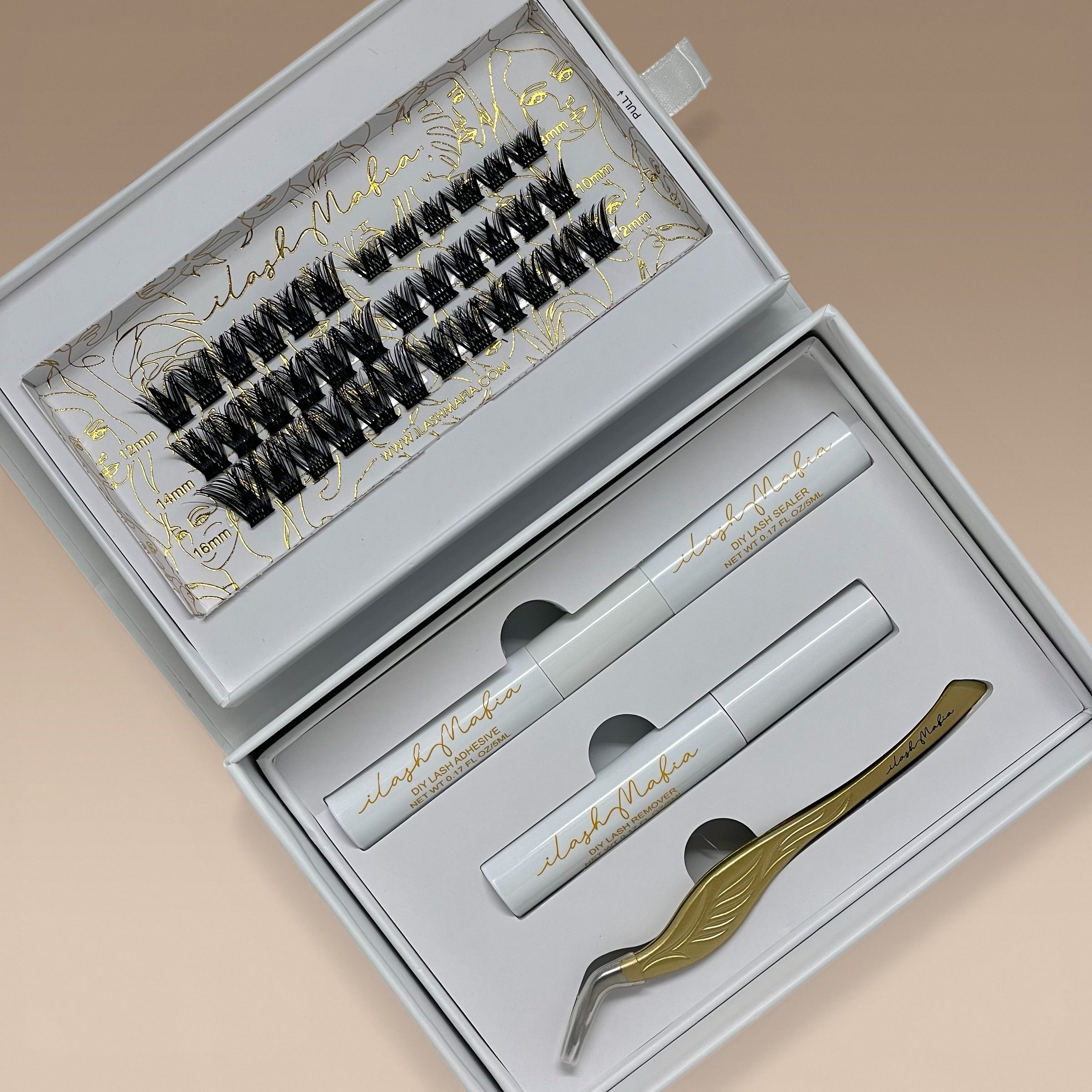 Open iLash Mafia Main Character DIY lash extension kit featuring dramatic full-glam lash clusters, lash bond, sealant, remover, and applicator for customizable at-home lash extension