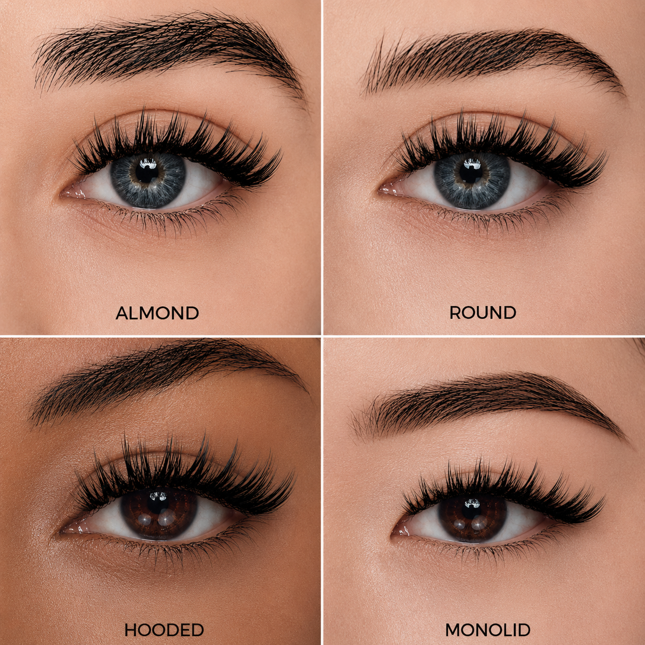 how about this: Comparison of iLash Mafia Show Off DIY lash extensions applied on almond, round, hooded, and monolid eyes. The self-application lash segments create a wispy cat-eye effect with textured spikes, soft volume, and customizable styling designed to complement different eye shapes.