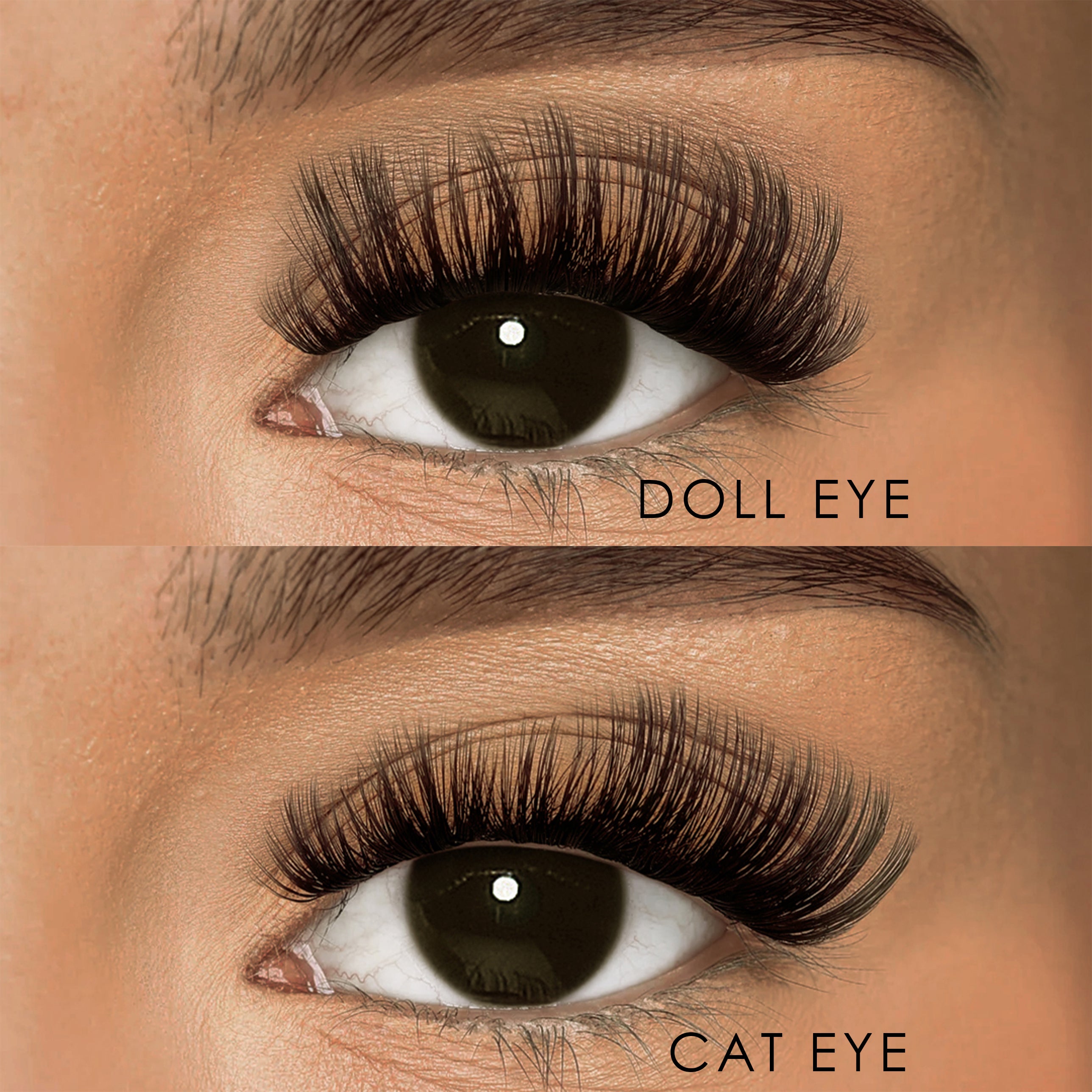A two-panel comparison of iLash Mafia Main Character DIY lash extensions on a model's eye, displaying the Doll Eye lash map on top and the Cat Eye lash map on the bottom. The top shows a rounded, wide-awake look with dramatic volume, while the bottom highlights an elongated, winged-out fluffy density for an at-home full-glam extension effect