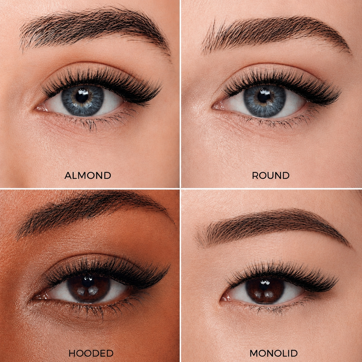 iLash Mafia Cat Eye lash style shown on almond, round, hooded, and monolid eye shapes to demonstrate how the lightweight wispy lash cluster design appears on different eye shapes.