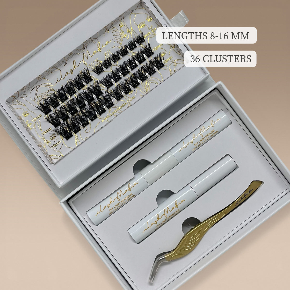 Open iLash Mafia Main Character DIY lash extension kit featuring dramatic full-glam lash clusters, lash bond, sealant, remover, and applicator for customizable at-home lash extension