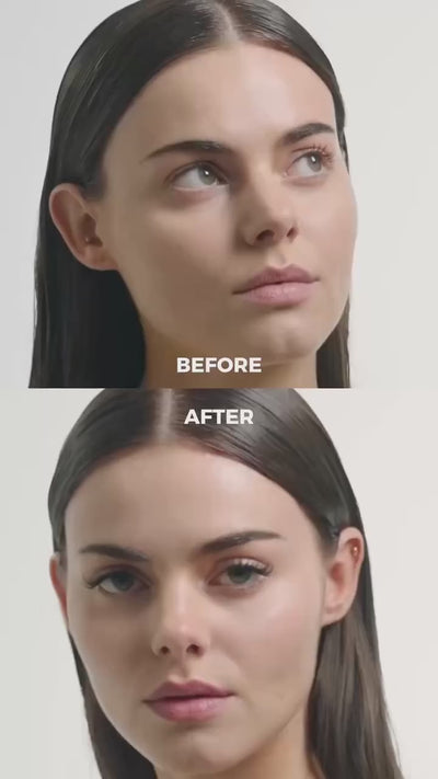 Split-screen video showing a close-up before and after transformation of a model applying DIY eyelash extensions. The top "Before" clip shows natural, bare lashes with a subtle, clean look. The bottom "After" clip showcases full, wispy, and volumized eyelash extensions that enhance and open up the eyes while maintaining a lightweight, natural finish.